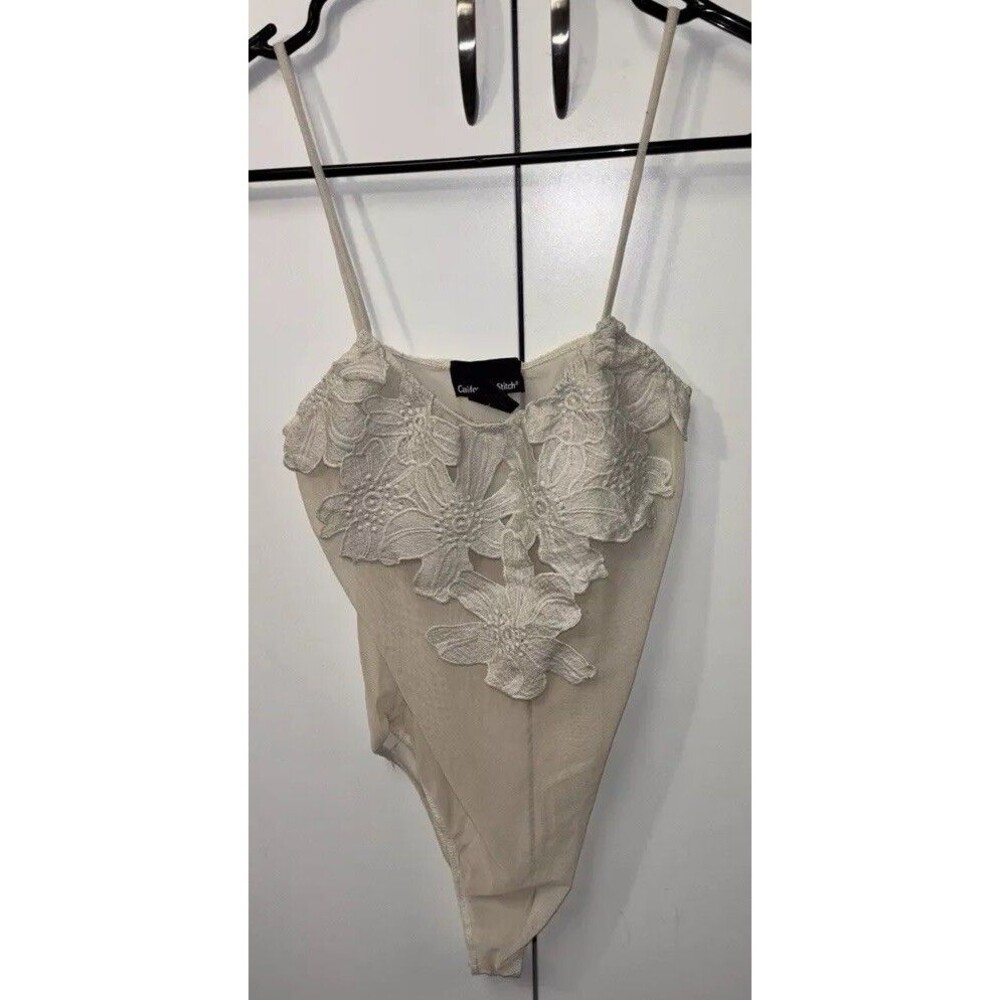 Californian Stitch Bodysuit Women L Ivory Stretch Sheer Straps Sleeveless Floral